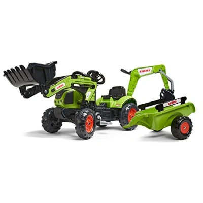 Immagine di FALK Retroescavatore a pedali Claas con escavatore e rimorchio Da 2 anni Made in France pala anteriore articolata ed volante clacson 2040N