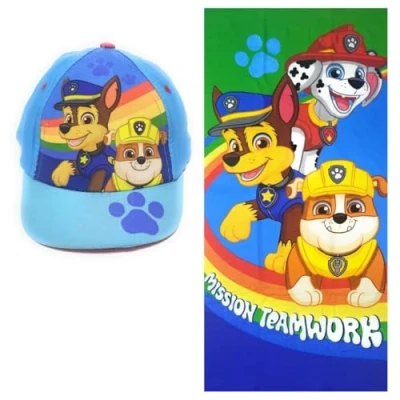 Immagine di Telo Paw Patrol per Spiaggia o Piscina + Cappellino bambini Confezione di asciugamano e cappello Chase, Marshall Rubble (Blu, 140 x 70 cm)
