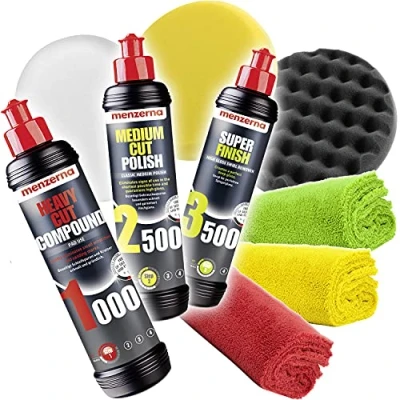 Immagine di Detailmate Menzerna Set lucidante: Menzerna: Heavy Cut Compound 1000 + Medium Polish 2500 Super Finish 3500 Cuscinetti Standard (Hard, Medium, Soft) 3 Panni in Microfibra 550 gsm
