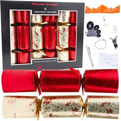 Immagine di Christmas Concepts® 6 Large Deluxe Festive Pattern Crackers Cappelli, Motti e novità Regalo Inclusi 2 Disegni Disponibili