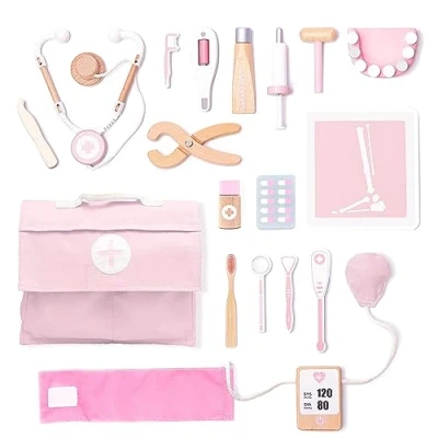 Immagine di UMU® Valigetta Dottore in Legno per Bambini con Stetoscopio, Sfigmomanometro, Accessori Dentista ecc., Kit Dottoressa Gioco d&#039;Imitazione, 18 PZ Set Medico Bambina da 3 4 5 Anni Rosa