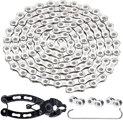 Immagine di YBEKI Catena per Bicicletta 9/10/11/12 Velocità 1/2 x 11/128 Pollici 116 Maglie Bici da Strada, MTB (Argento 12 velocità)