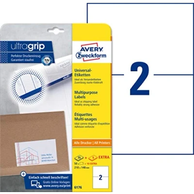 Immagine di Avery Zweckform 6176 Etichette di spedizione universali per servizio affrancatura online DHL, 210 x 148 mm, confezione da 25 fogli con 50 etichette, colore: Bianco