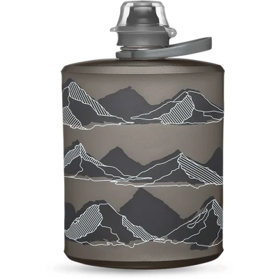 Immagine di HydraPak Stow (500ml, 17oz) Borraccia Pieghevole da Viaggio Ultraleggera e Compattabile, Flessibile per Sci, Escursionismo, Ciclismo o Arrampicata Grigio Mammut, Montagna disegno