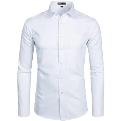 Immagine di PARKLEES Camicia a maniche lunghe da uomo tinta unita slim fit casual business formale bottoni camicie con tasca, bianco, XL