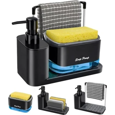 Immagine di Dispenser Sapone Cucina Nero,Yulado porta 4 in 1, per lavello, pompa con spugna, di detersivo ricaricabile…