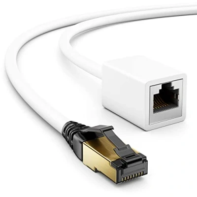 Immagine di deleyCON 5m CAT8.1 RJ45 Estensione Cavo Patch di Rete 40 GBit/s 2000 MHz S/FTP Rame PiMF 1x Spina Presa per Streaming Gioco LAN Ethernet Bianco