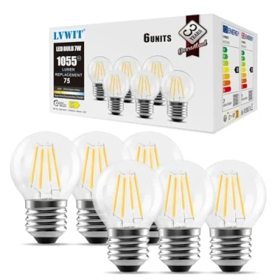 Immagine di LVWIT Lampadina Filamento LED Attacco E27, 1055 Lumen, 7W Equivalente a Incandescenza da 75W, Forma G45 Retrò, Luce Bianca Calda 2700K, Non Dimmerabile, Confezione 6 Unità