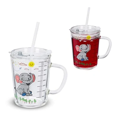 Immagine di Relaxdays Set da 2 Tazze per Bambini, Vetro, Silicone, ABS, con Cannuccia, Manico e Tappo, 400 ml, Elefante, Trasparente