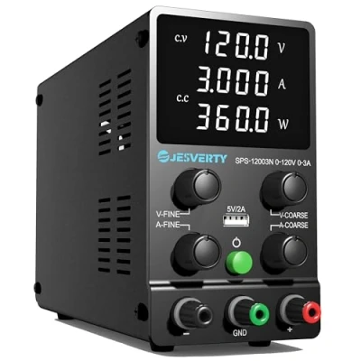 Immagine di alimentatore da laboratorio (0 120V, 0 3A) DC regolabile, display LED a 4 cifre, con porta di ricarica USB, switching, regolazioni grossolane e fini Jesverty SPS 12003N