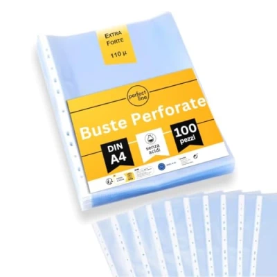 Immagine di perfect line 100 Buste trasparenti anelli perforate DIN A4, Bustine cristalline, lisce, extra resistenti, robuste, prive di acidi, valide per documenti ufficiali
