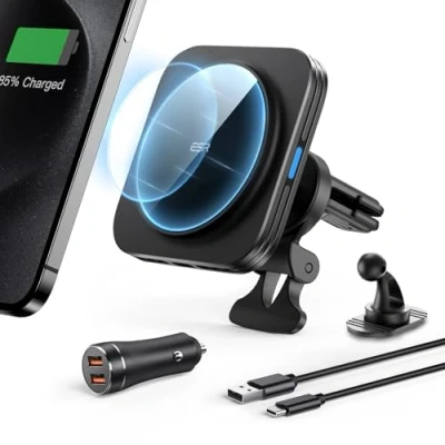 Immagine di ESR Caricabatterie da auto MagSafe, caricatore wireless magnetico 15W, Supporto Per la bocchetta dell&#039;aria, iPhone 15/14/13/12 con veloce QC 3.0 36W, Nero