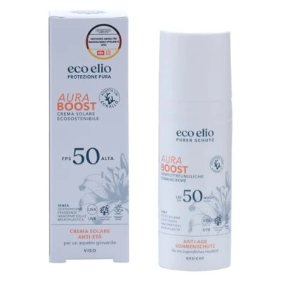 Immagine di eco elio crema solare sostenibile SPF 50 50ml &quot;Aura Boost&quot; I senza octocrylene e microplastiche viso travel size small