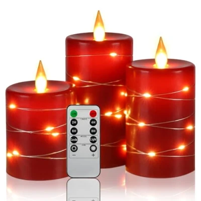 Immagine di candele LED Angolo di visione a 360 gradi, con luci stellate, 3 pezzi telecomando 10 tasti, funzione timer 24 ore, fiamma danzante, cera reale (Rosso).