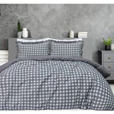 Immagine di Sleepdown Set copripiumino reversibile, motivo in tinta unita a quadretti, morbido e facile da pulire, con federe bordo increspato, per letto super king size, 260 cm x 220 cm, colore grigio