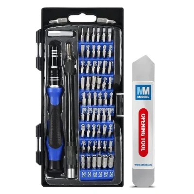 Immagine di MMOBIEL Set attrezzi cacciaviti magnetici professionali di riparazione 60 in 1 con 56 punte e albero flessibile per dispositivi tecici