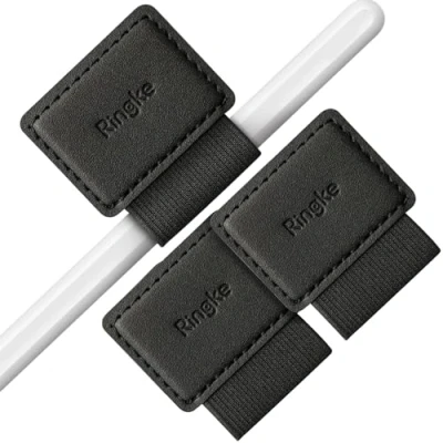 Immagine di Ringke Pen Holder (3 Pezzi) per Apple Pencil, Diario, Taccuini e Altro Anello Resistente in Pelle Adesiva 3M con Elastico Black Nera