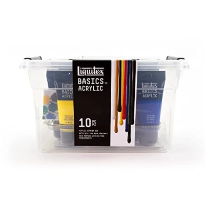 Immagine di Liquitex 3699407 Basics Pittura acrilica, Pigmenti per artisti monopigmentati, Resistente alla luce, durevole nel tempo, Finitura satinata, Starter Box 9 Tubi da 75 ml + Set 6 Pennelli
