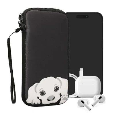 Immagine di kwmobile Custodia in Neoprene con Zip per Smartphone XXL 7&quot; Astuccio portacellulare a Sacchetto Cerniera Borsa Verticale Cane Curioso Nero/Bianco
