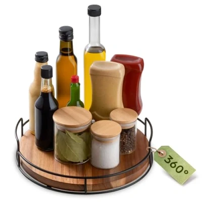 Immagine di Praknu Portaspezie Organizer Girevole In Legno Sostenibile FSC® 360 Lazy Susan Cucina Salvaspazio Base Antiscivolo Piatto 28 cm
