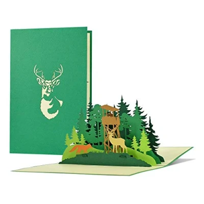 Immagine di Biglietto di compleanno per cacciatori, forestali con pop up 3D foresta, cervo, volpe Buono, invito alla caccia Regali uomini esami caccia, licenza H31