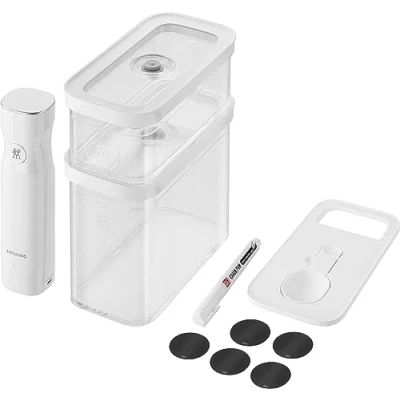 Immagine di ZWILLING FRESH &amp; SAVE CUBE set di avviamento per sottovuoto, taglia M, conservazione sottovuoto da 5 pezzi che include 2x contenitori pompa a vuoto, misurino, etichette NFC