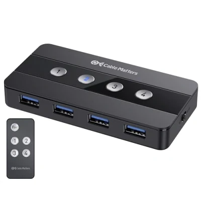 Immagine di Cable Matters switch Hub USB 3.0 a 4 porte, di condivisione per computer e periferiche Pulsante o Telecomando Wireless Include adattatore C Thunderbolt 3