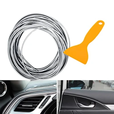 Immagine di MASO, Modanatura decorativa per interno dell’auto, universale, nastro da 10 m, colore argento, striscia 3D in ABS con strumento l’applicazione