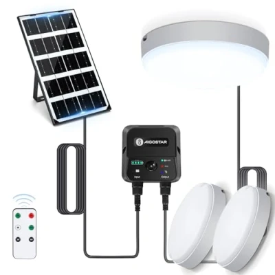 Immagine di Aigostor Plafoniera LED Solare 35W con Sensore di Movimento e Scatola Accumulo Energia, Telecomando, IP65 Impermeabile, Regolabile 6500K, Cavo 8M, Esterno Interni, 2 pcs