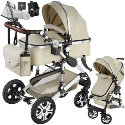 Immagine di tectake® Passeggino Combinato Pieghevole, 2 in 1, Leggero con Cintura a 5 Punti Regolabile, Freno Pedale, Tettuccio Parasole, per Bambini da 0 3 Anni Grigio/Beige