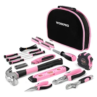 Immagine di WORKPRO Set Porta Attrezzi Uso Domestico Riparazione 103 Pezzi Utensili per Officina e Lavoro con Pinza, Coltello, Cacciavite, Chiavi a Bussola, Livella, Metro in Cassetta Colore Rosa