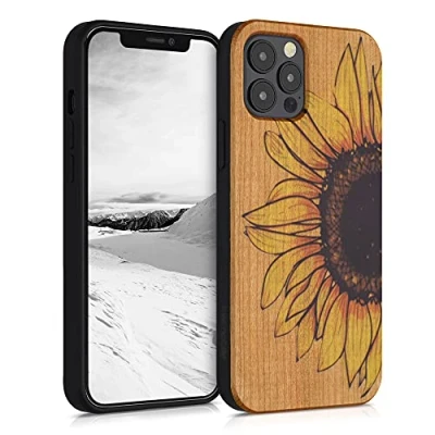 Immagine di kwmobile Custodia Compatibile con Apple iPhone 12 / PRO Cover Back Case in Legno Bumper Silicone TPU Sunflower Giallo/Marrone Scuro/Marrone Chiaro