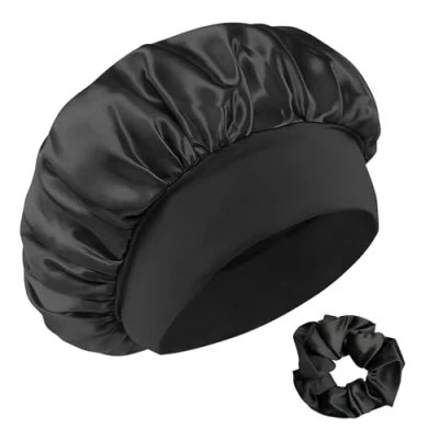 Immagine di Cuffia Seta Capelli Notte con Elastici per Capelli, in Raso Dormire, Bonnet Ricci, Dormire Proteggere i Nero
