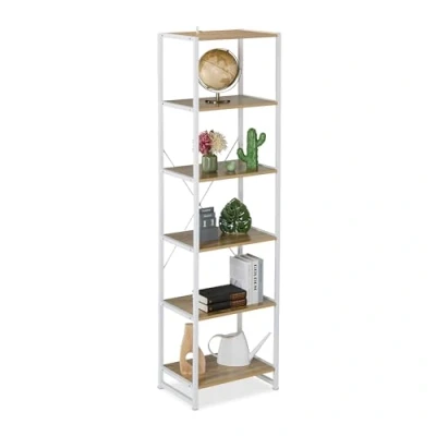 Immagine di Relaxdays Scaffale Libreria in Stile Scandinavo, 6 Ripiani, Mobile da Salotto o Cucina, HLP 180x50x35 cm, Bianco Marrone, Fibra di Legno, Ferro