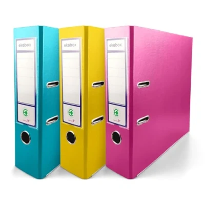 Immagine di Netuno 3 raccoglitori cartone ecologico riciclato turchese giallo rosa a 2 anelli A4 dorso 8 cm per ufficio scuola archivio faldoni portadocumenti