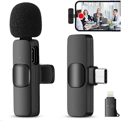 Immagine di Wireless Lavalier Microphone for iPhone/Android, Mini Noise Cancellation/Mute Recording, Live Stream, YouTube, TikTok, Facebook, Automatic Sync (No App and Bluetooth Required)
