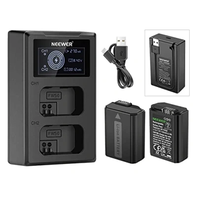 Immagine di NEEWER NP FW50 Batteria di ricambio, compatibile con Sony ZV E10, A7, A7R, a7RII, a7II, a7SII, a7S, a6300, a6400, a6500, RX10, 2 Pack 1100mAh batteria, doppio caricatore USB, cavo USB C