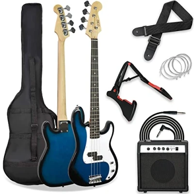 Immagine di 3rd Avenue Kit basso elettrico beginner dimensioni 4/4 con amplificatore da 15 W, custodia, cavo di connessione, tracolla, stand e corde riserva Blu