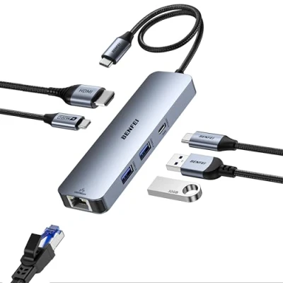 Immagine di BENFEI 6IN1 Hub USB C con HDMI 4k@60HZ/PD100W/Ethernet Gigabit/1*USB C+2*USB A datiporte 5Gbps, Docking Station Adattatore per MacBook Pro/Air iPad Pro iMac iPhone 15 Pro/Pro Max