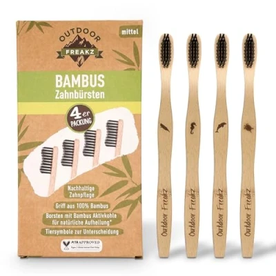 Immagine di 4x spazzolini in legno di bambù, vegano, biologico, biodegradabile, 100% senza BPA, carbone per una migliore pulizia