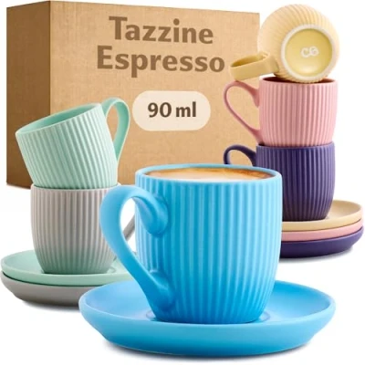 Immagine di Cosumy Tazzine Caffe Espresso Moderne con Piattino 6 Tazze 90ml Manico Unico disegno a righe Ceramica Colorate Opaca Lavabili in lavastoviglie