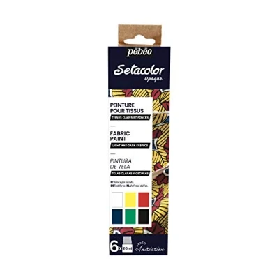 Immagine di PEBEO Setacolor Set Principianti Pittura per Tessuti Opaca Kit 6 Colori, Base Acqua Flaconi da 20 ml Bianco + Giallo limone Vermiglio Blu Jeans Verde Brillante Nero