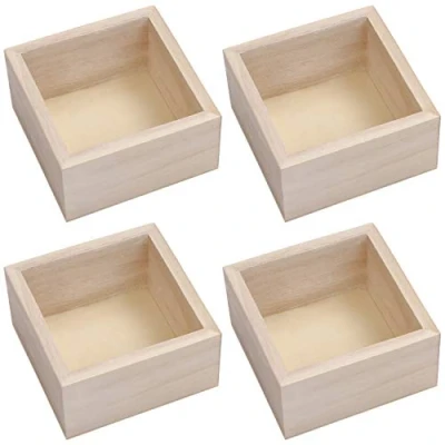 Immagine di BELLE VOUS scatola portaoggetti in legno grezzo (set di 4) 9,5 x 5 cm, piccola quadrato rustico naturale, per decorazione interna, collezioni, piante grasse e fai da te