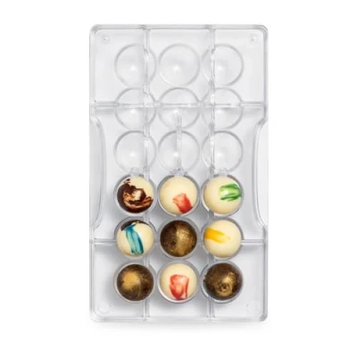 Immagine di Decora, 0050089 Mezza Sfera Ø 25 X h 10 mm. Dim. cav. 200 120 22 mm, Stampi Professionali, in policarbonato, per realizzare cioccolatini 3D lucidi e perfetti. Modelli brevettati, ø Mm