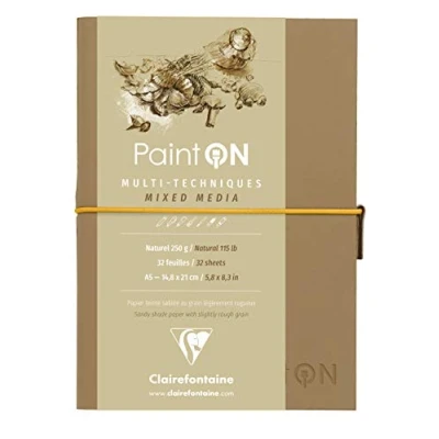 Immagine di Clairefontaine 975183C Taccuino Cucito di carta da disegno Paint&#039;On 64 pagine colore naturale 14,8x21 cm 250g, chiusura con elastico, Copertina Morbida Kraft