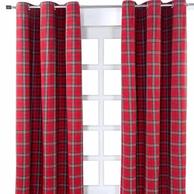 Immagine di HOMESCAPES Coppia di tende a scacchi preconfezionate della serie Edward Tartan 100% cotone ad asole cucite mano pesanti non foderate colore: Rosso/Verde 100%_cotone/cotone Multi 117 x 137 cm