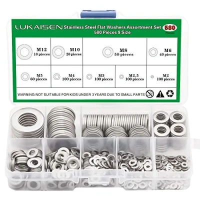 Immagine di 580Pezzi Rondelle Piatte, Kit di in Acciaio Inox 304 Adatto per la domestica, riparazioni fabbrica, cucine, negozi, 9 Misure Assortimento Della Rondella M2 M2.5 M3 M4 M5 M6 M8 M10 M12