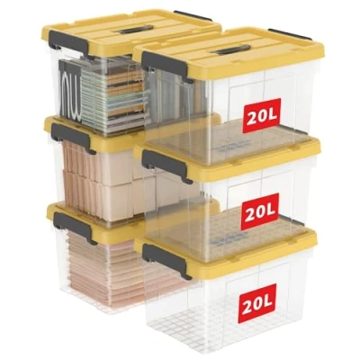 Immagine di Cetomo Scatola portaoggetti in plastica da 20 l x 6, contenitore trasparente organizzativo con coperchio giallo durevole e fibbie di chiusura sicure, impilabile annidabile, confezione 6