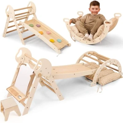 Immagine di Goodevas Montessori 5 in 1 Set di strutture per arrampicata interni, arco da con cuscino, scivolo bambini e arte, parco giochi interni a 3 anni