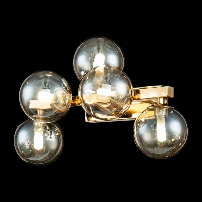 Immagine di Moderna Lampada da Parete, Applique, Sfere Palle in vetro, Struttura Metallo color Oro, 5 luci G9 28W non incl., sala pranzo, camera letto, ufficio